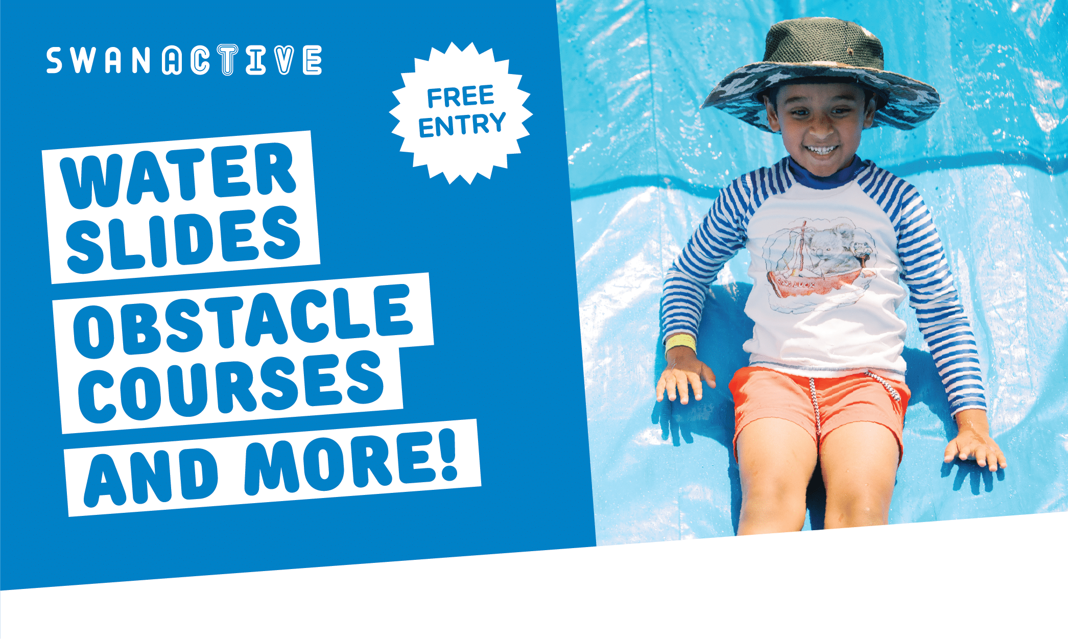 Swan Inflatables - water slides, obstacle courses and more with a child sliding down a water slide.